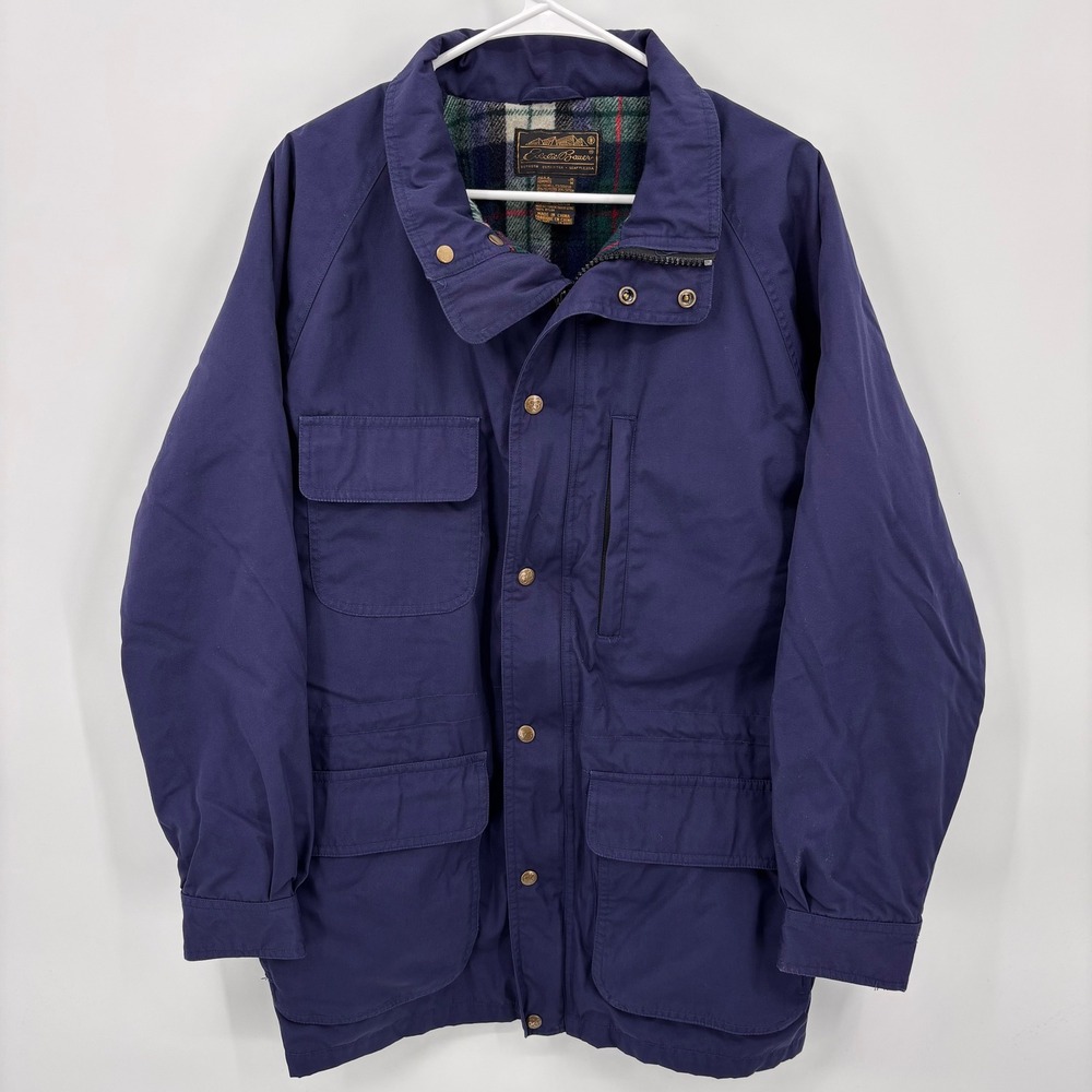 VTG Eddie Bauer Field Jacket Mens Medium Navy Blue EUC Plaid Lined Workwear